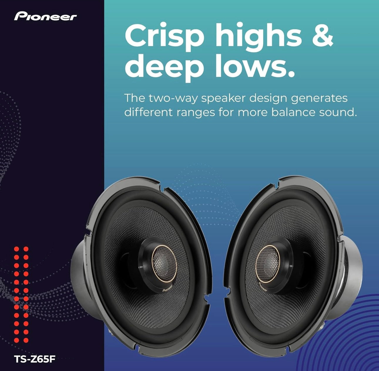 Pioneer TS-Z65F, 2-rigting 6.5 DUIM Koaksiale Karluidsprekers, Volreeks, Oop & Gladde Klankgehalte, Maklike Installasie en Verbeterde Basrespons - Swart