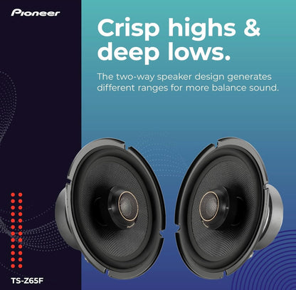 Pioneer TS-Z65F, 2-rigting 6.5 DUIM Koaksiale Karluidsprekers, Volreeks, Oop & Gladde Klankgehalte, Maklike Installasie en Verbeterde Basrespons - Swart