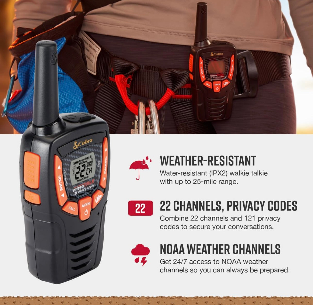 Cobra ACXT390 Walkie Talkies - Herlaaibaar, Liggewig, 22 Kanale, 40 km-bereik Tweerigtingradio's met VOX (2-pak)