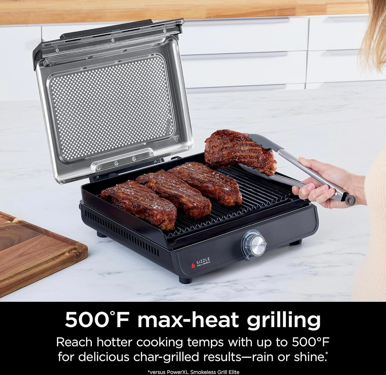 Ninja Griddle and Indoor Grill, 14 duim, Elektriese Braaipan, Vir Biefstuk, Burgers, Salm, Groente, en Meer, Pannekoekpan, Kleefvry, Skottelgoedwasser Veilig, 500F, Gelyke Gaarmaak, Silwer, GR101
