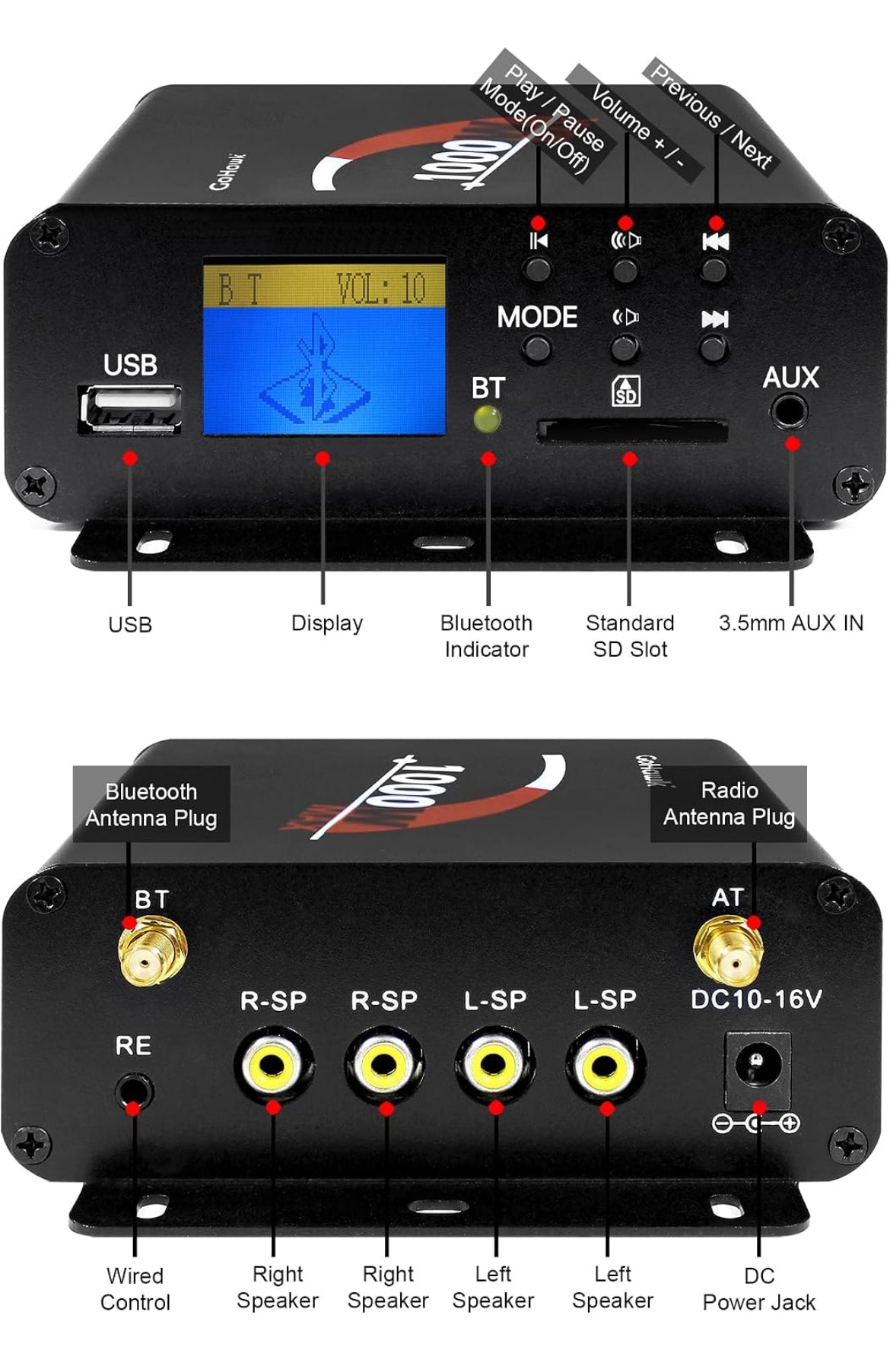 Motorcycle Speakers Bluetooth 4 Inch Waterproof Radio Audio System
1000W Amplifier, Remote Control, AUX USB SD FM Radio, Fits 7/8"–1-1/4" bar for ATVs/Motorcycles, 12 Volt Vehicles