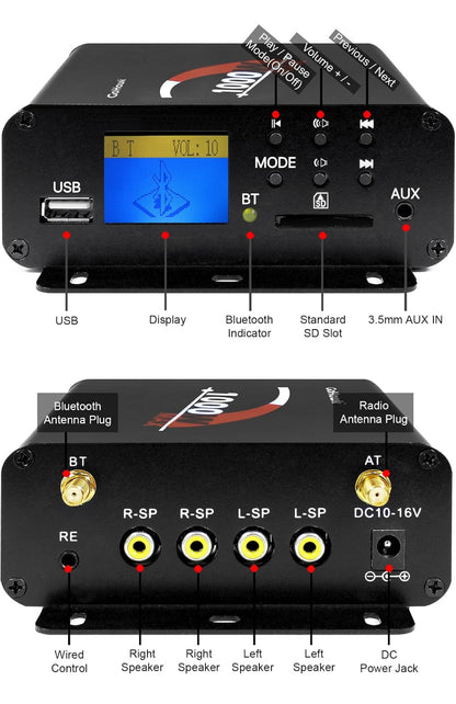 Motorcycle Speakers Bluetooth 4 Inch Waterproof Radio Audio System
1000W Amplifier, Remote Control, AUX USB SD FM Radio, Fits 7/8"–1-1/4" bar for ATVs/Motorcycles, 12 Volt Vehicles