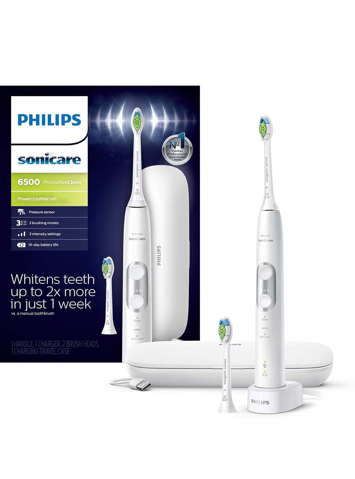 Philips Sonicare ProtectiveClean 6500 Herlaaibare Elektriese Tandeborsel, met Druksensor, 3 Skoonmaakmodusse - Wit (HX6462/05)