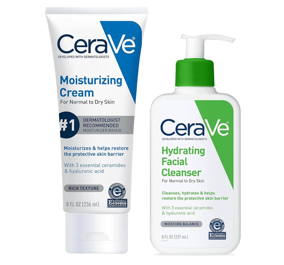 CeraVe Hydraterende Velversorgingstel - (237ml) Bevogtigende Room & (237ml) Hydraterende Gesigsreiniger, Sermeide + Hialuroonsuur Bevogtiger