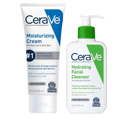 CeraVe Hydraterende Velversorgingstel - (237ml) Bevogtigende Room & (237ml) Hydraterende Gesigsreiniger, Sermeide + Hialuroonsuur Bevogtiger