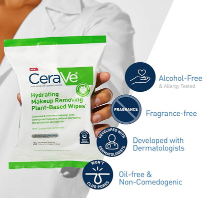 CeraVe Make-upverwyderaar Doekies, Plantgebaseerde Bioafbreekbare Waterlose Gesigwas, Reisbenodigdhede Nie-komedogenies -1 PK