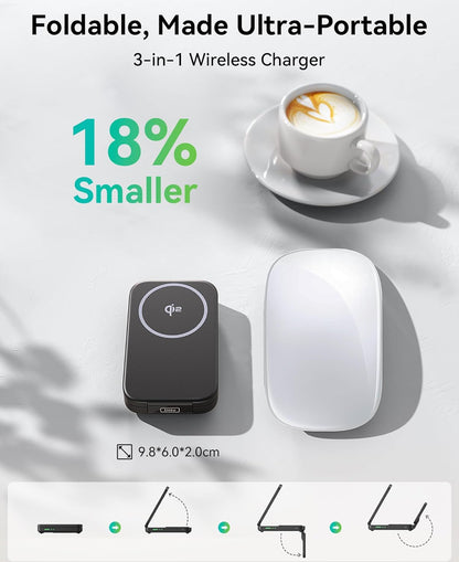 INIU 3 in 1 Wireless Charging Station, Qi2 Certified 15W Travel Charger for Apple Multiple Devices, Foldable Charger Stand for iPhone 16 15 14 13 12 Series Apple Watch AirPods (with Adapter)