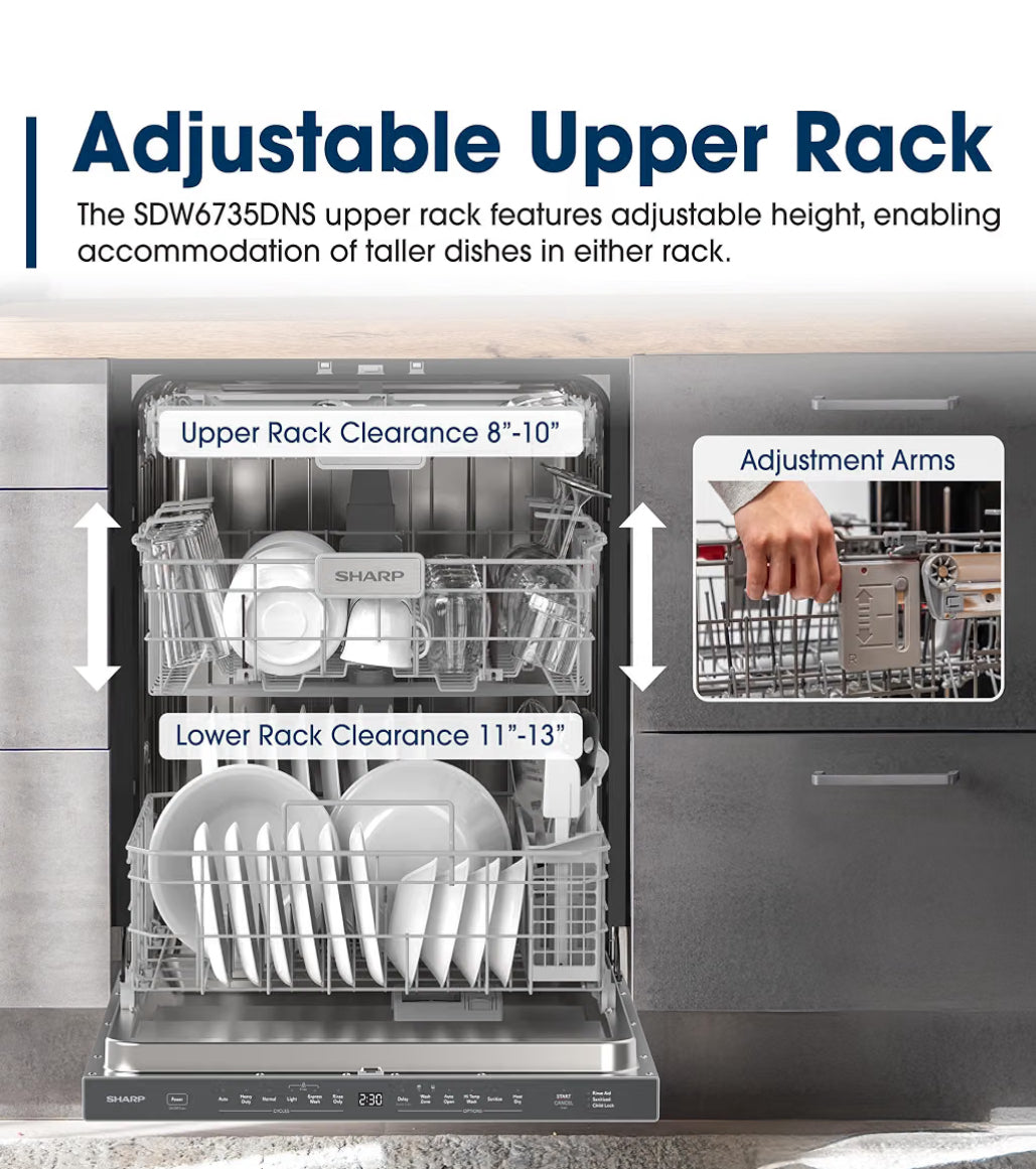 Sharp SDW6735DNS 24 in. Top Control Pocket Handle 49 dBA Dishwasher
3rd Rack, Auto Door Open, Top Controls