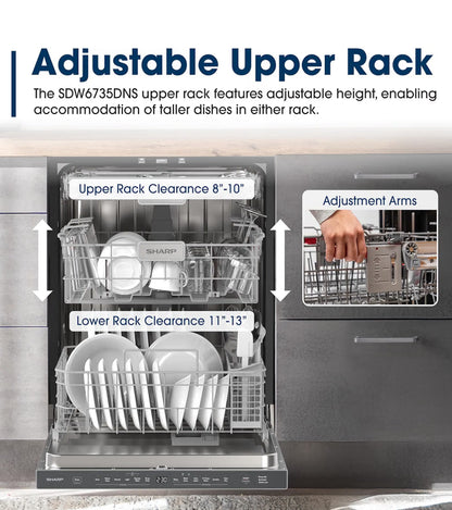 Sharp SDW6735DNS 24 in. Top Control Pocket Handle 49 dBA Dishwasher
3rd Rack, Auto Door Open, Top Controls