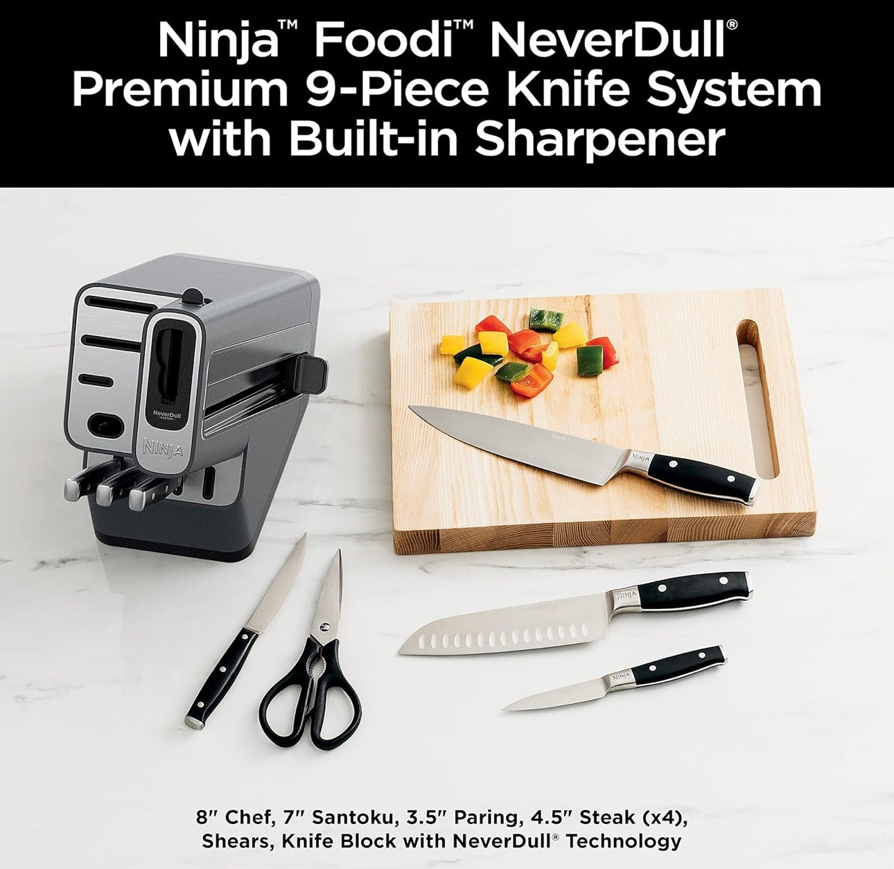 Ninja K32009 Foodi NeverDull Premium Messe-stel, 9-stuk Messeblokstel met ingeboude slyper, Duitse Vlekvrye Staal Messe, Swart