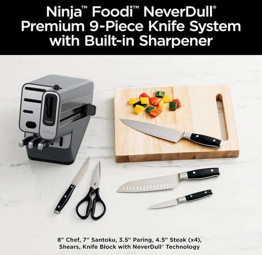 Ninja K32009 Foodi NeverDull Premium Messe-stel, 9-stuk Messeblokstel met ingeboude slyper, Duitse Vlekvrye Staal Messe, Swart