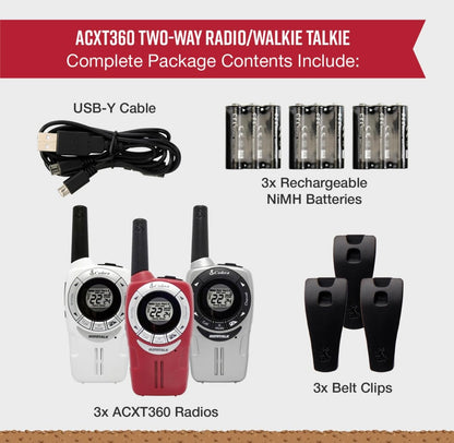 Cobra ACXT360 Waterbestande Radios – Herlaaibaar, 22 Kanale, Langafstand 25 Myl-bestek Tweerigtingradio's 3-Pak, Wit, Silwer en Rooi