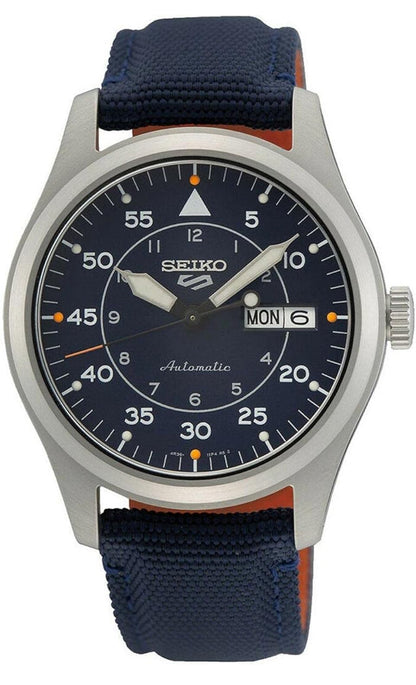 SEIKO Horlosie vir Mans - 5 Sports - Outomaties met Handopwenbeweging, Blou Wysplaat, Vlekvrye Staal Kas, Blou Nylon Band, 100m Waterbestand, met Dag/Datum Vertoning