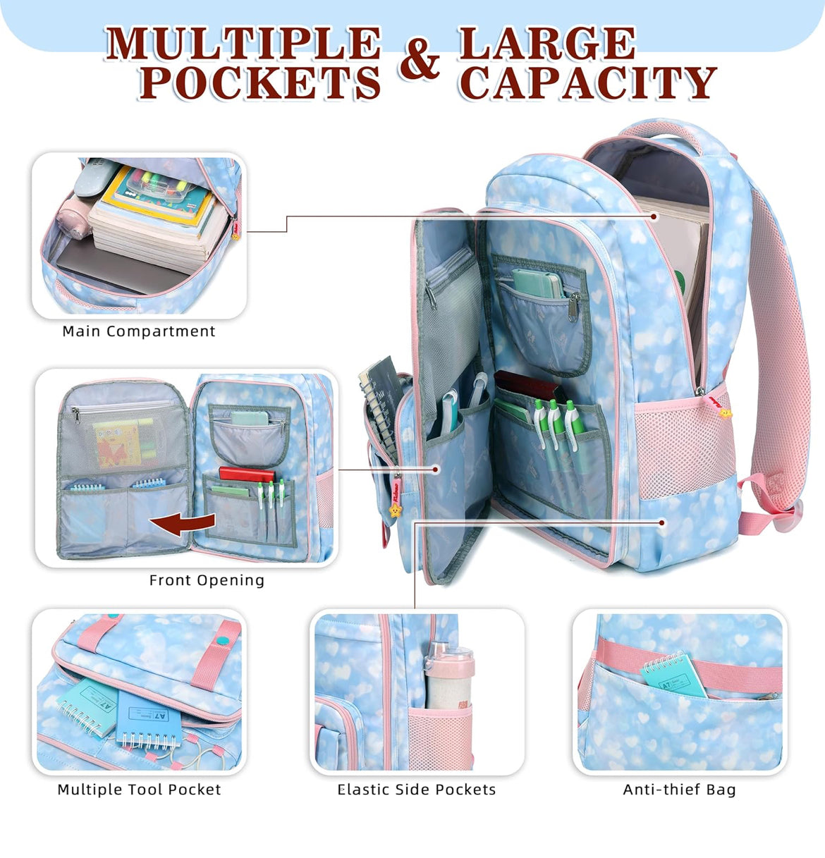 Girls Backpack 15.6 Inch Laptop School Bag Cute Kids Kindergarten Elementary Backpacks Middle Schoolbag Large Bookbags for Women Teens Students Anti Theft Travel Daypack (Blue)