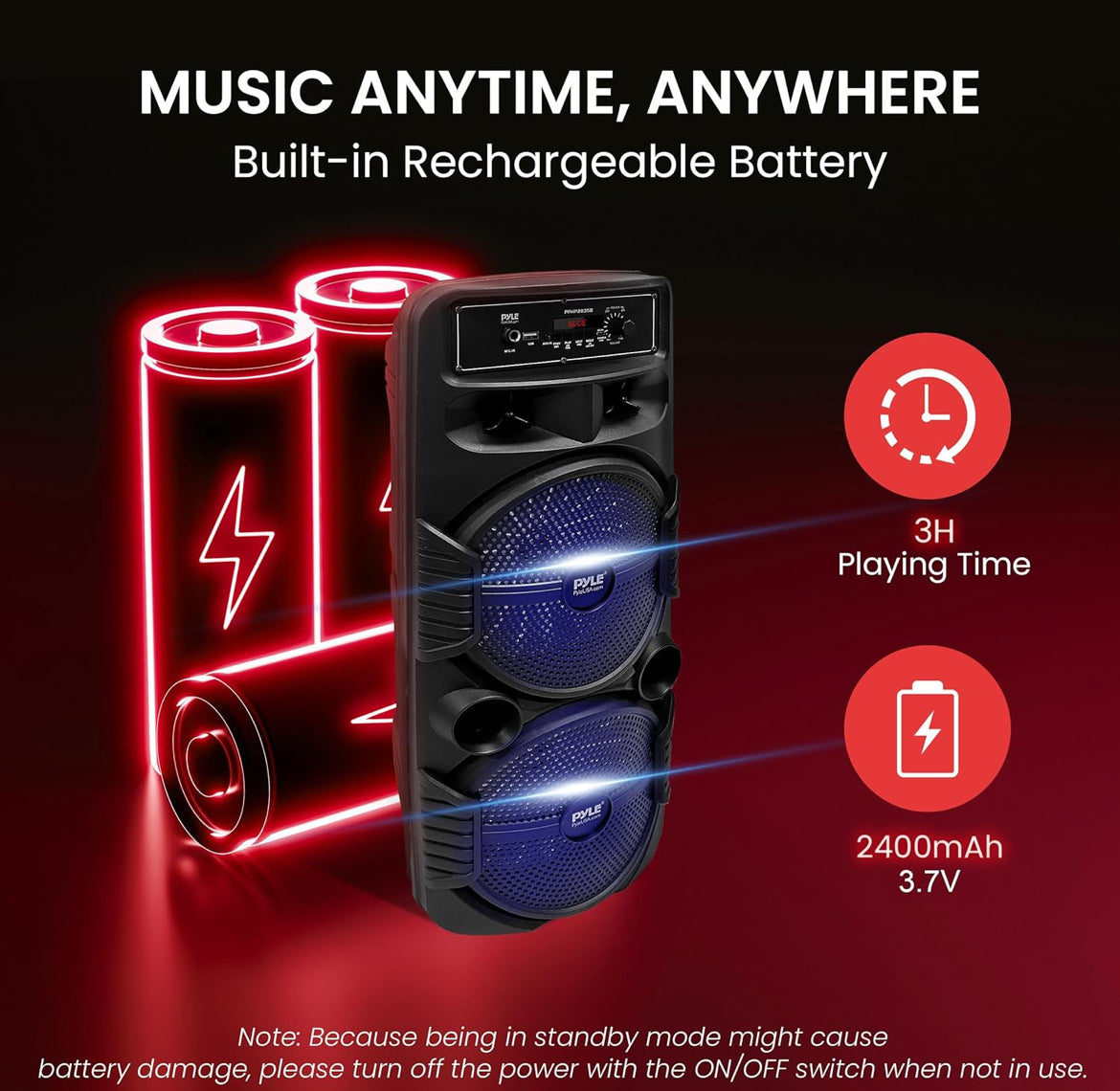 Portable Bluetooth PA Speaker System 8" 600W Rechargeable w/ Dual Subwoofer, Microphone In, Party Lights, USB, Radio, Remote