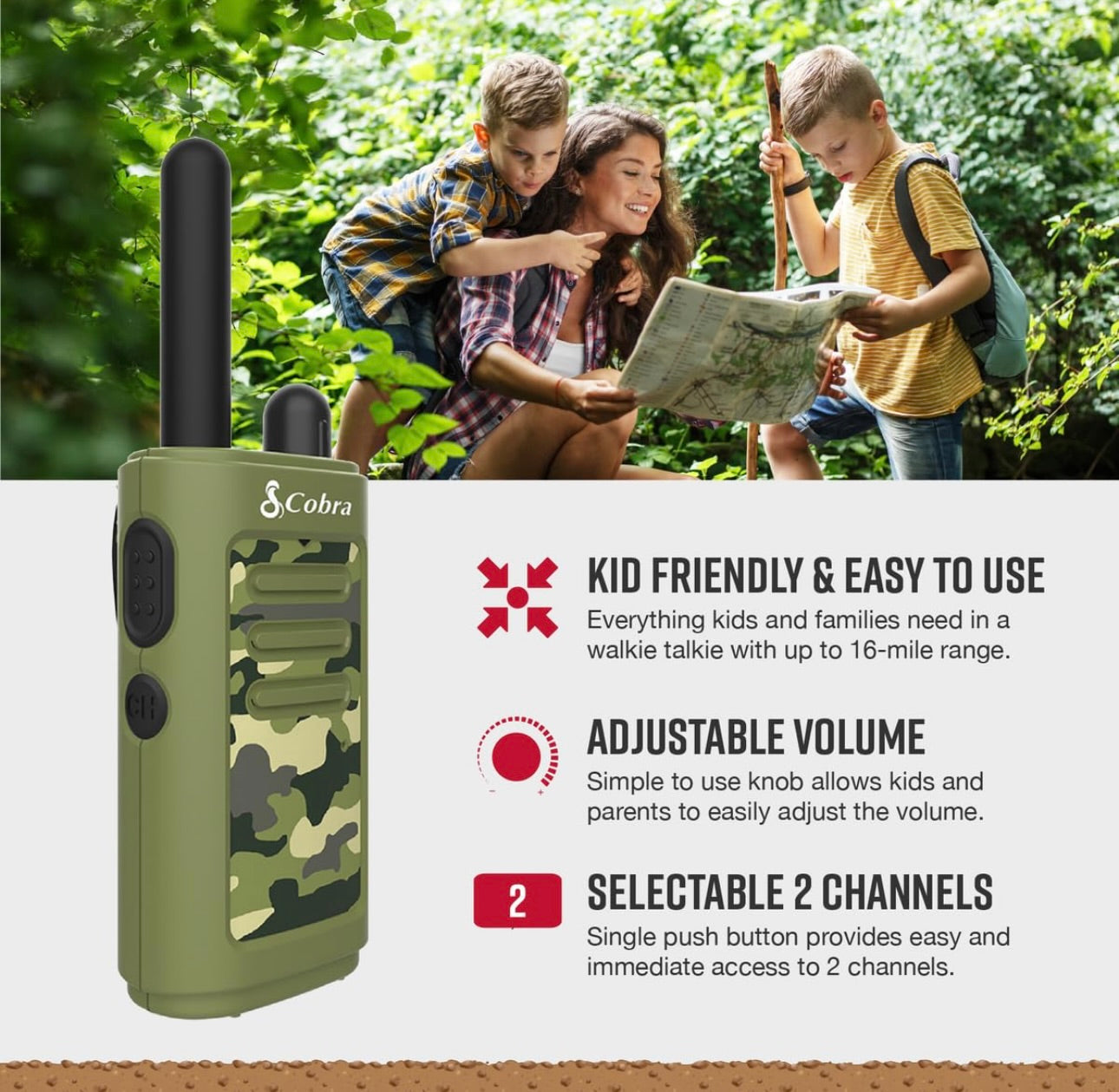 Cobra HE150 Kindervriendelike Walkie Talkies – 25 km Reikafstand, 2 Kanale Tweeradio Stel – Groen, (2-pak)