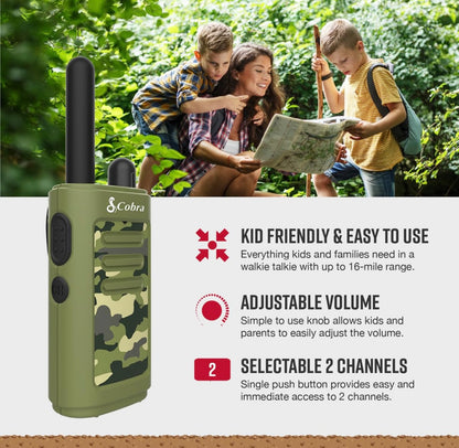 Cobra HE150 Kindervriendelike Walkie Talkies – 25 km Reikafstand, 2 Kanale Tweeradio Stel – Groen, (2-pak)