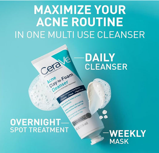 CeraVe Clay To Foam Acne Face Wash, Veelvuldige Gebruik Salisielsuur & Kaolienklei Aknee Kolbehandeling Vry Van Geurmiddels, Nie-Komedogenies (120ml)