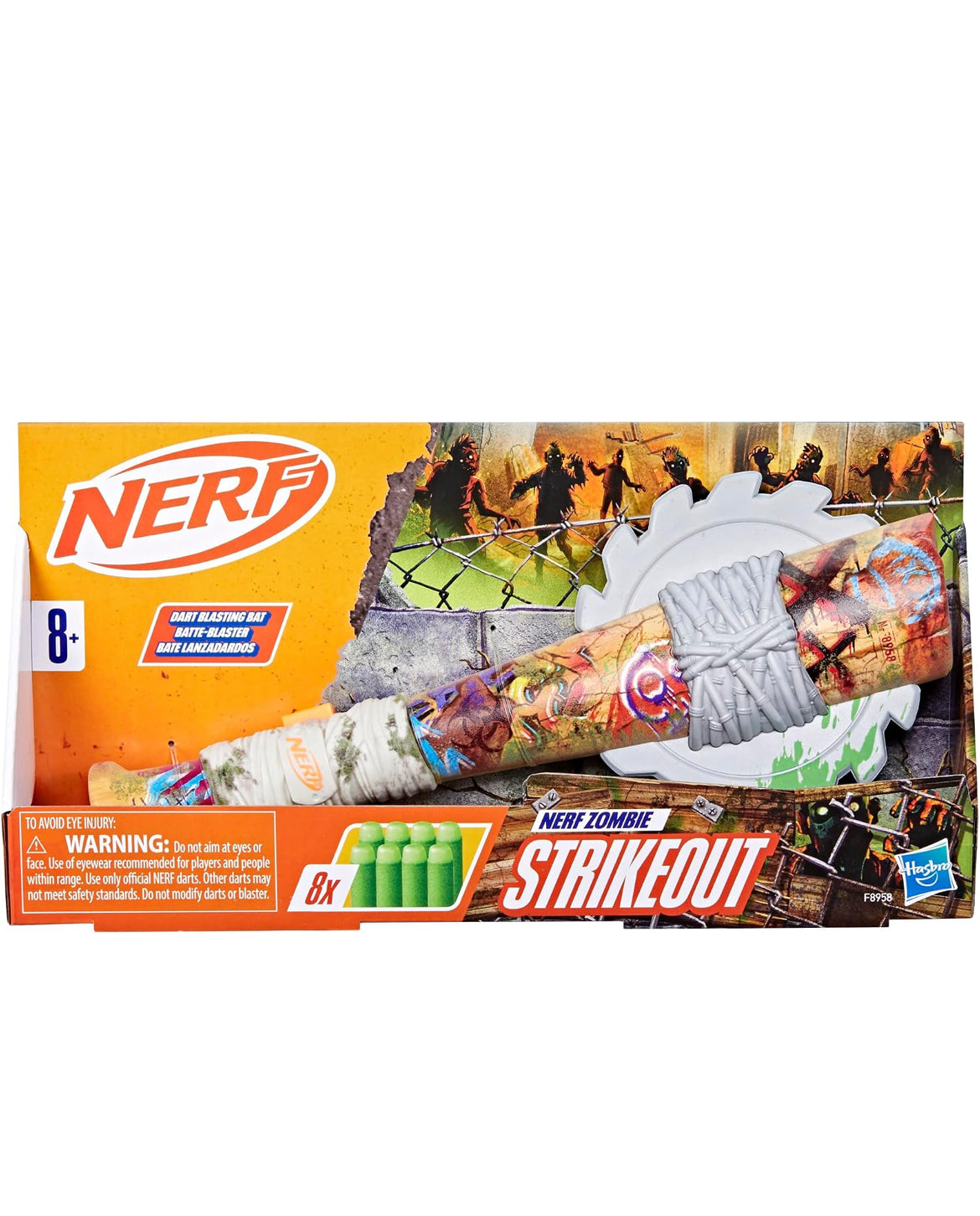 Nerf Zombie Strikeout Dart Blaster, 8 Nerf Elite Darts, Foam Blade, Pull Back Priming, Outdoor Games, Ages 8+