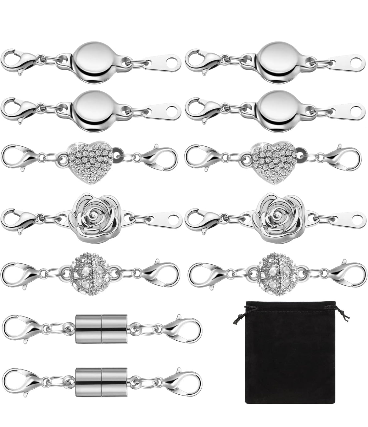 12 Stuks Halsnoer Magnetiese Sluitings en Hegters Karabiners Silwer Magnetiese Juweliersware Sluitings Sluitende Halsnoer Verlengstukke Ronde Strassbal Magnetiese Sluitings vir Armbande Maak Meervoudige Style