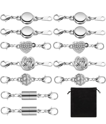 12 Stuks Halsnoer Magnetiese Sluitings en Hegters Karabiners Silwer Magnetiese Juweliersware Sluitings Sluitende Halsnoer Verlengstukke Ronde Strassbal Magnetiese Sluitings vir Armbande Maak Meervoudige Style
