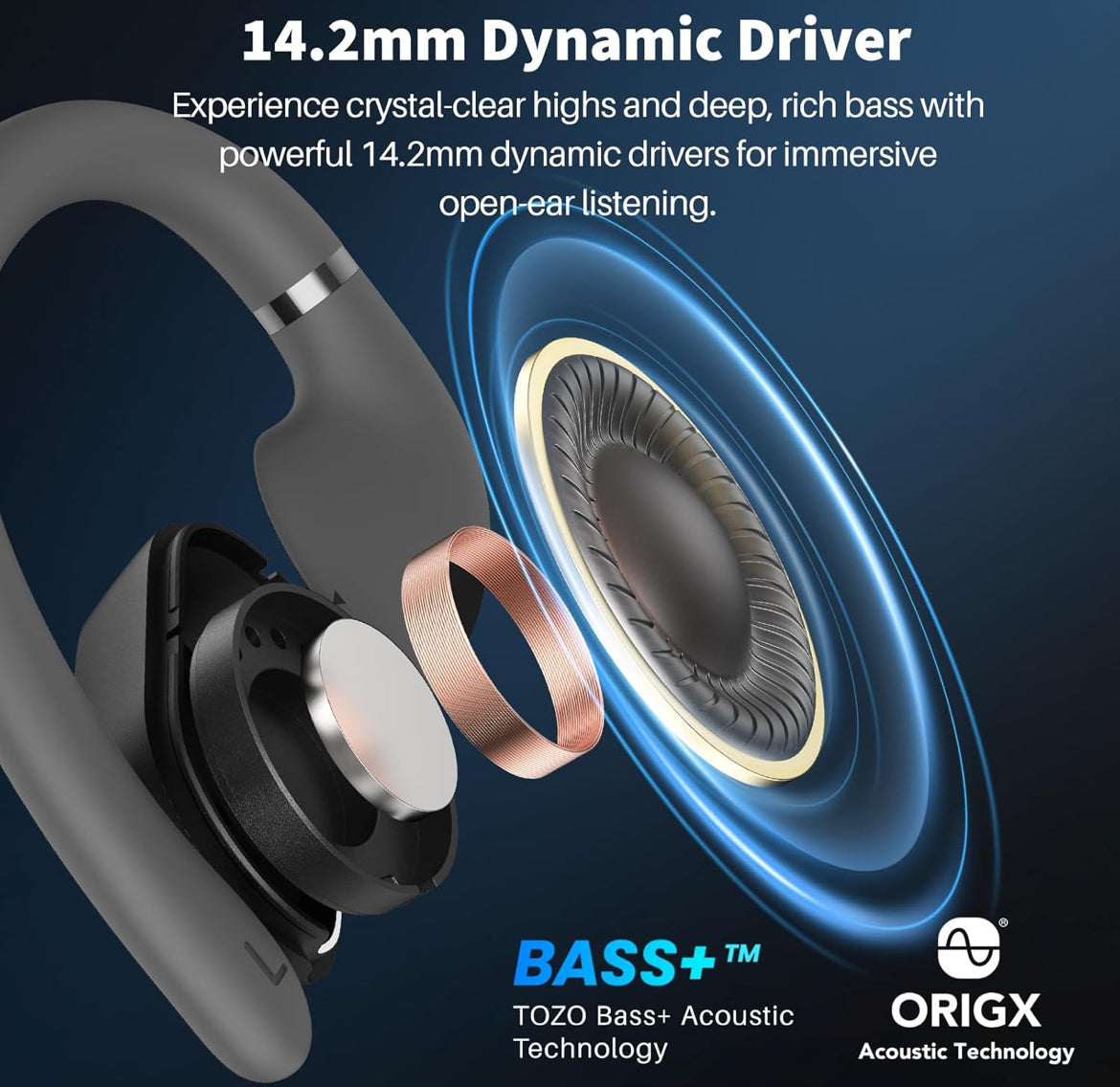 OpenWear Open Ear Headphones, Adjustable Ear Hooks, Ultra Comfort, Bass Bluetooth Headphones 5.4 with Smart Digital Display (Black)