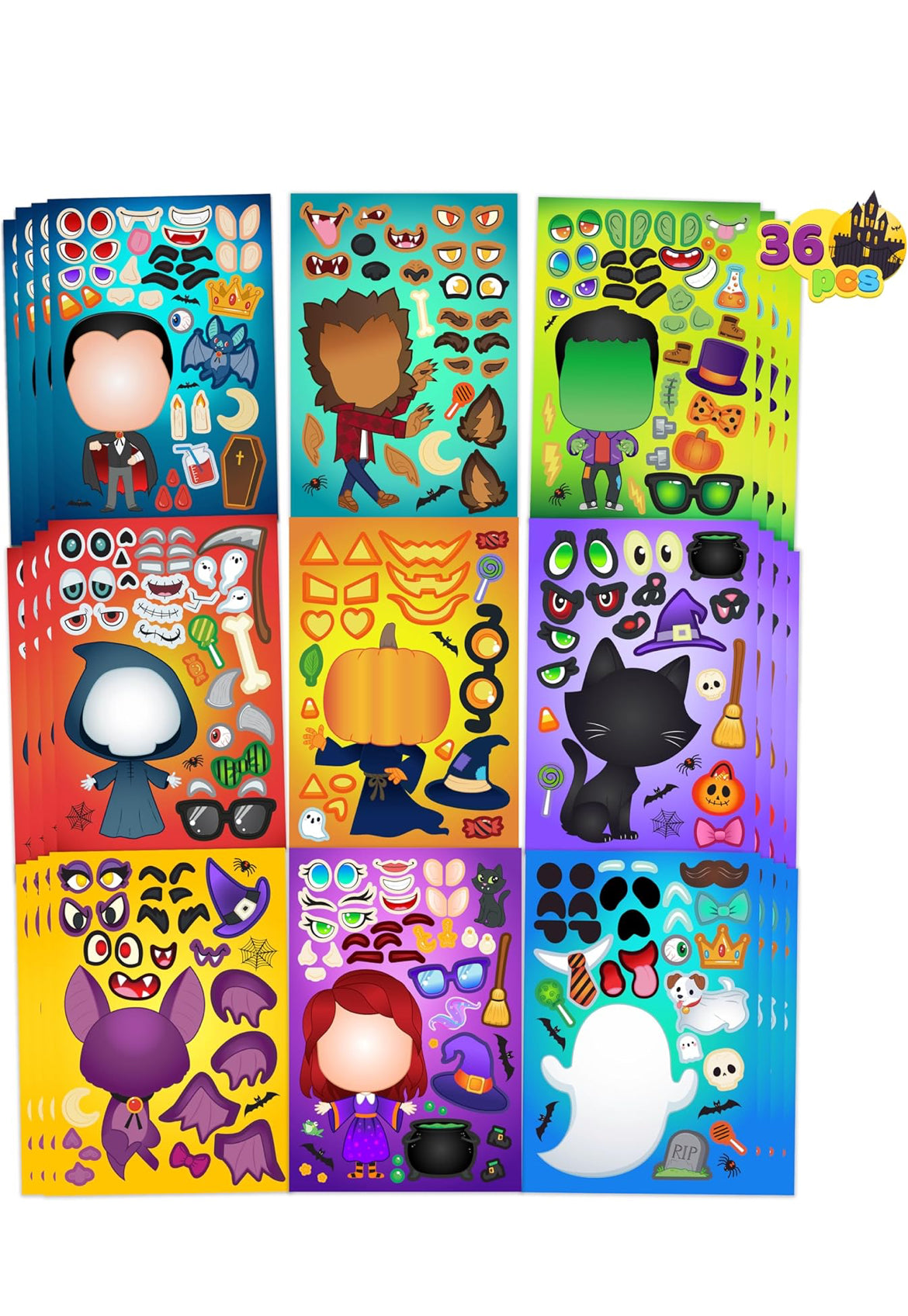 JOYIN 36 STK Halloween Kunsvlytplakkers vir Kinderspartytjies, Maak-’n-Gesig-plakkers met Heks- en Vampierontwerpe, Selfdoen-kunsvlytmateriaal vir Halloween-partytjiespeletjies, Klaskameraktiwiteite, Geskenke, Lekkernye