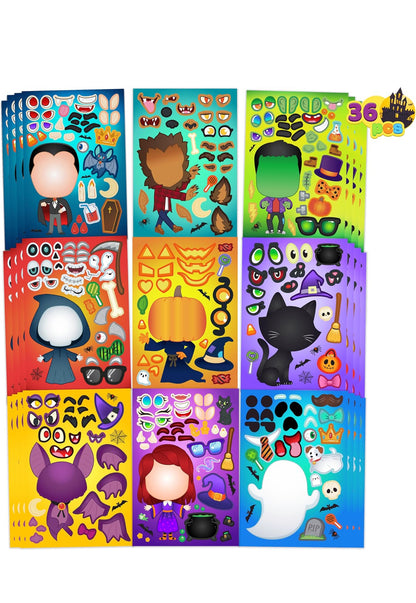 JOYIN 36 STK Halloween Kunsvlytplakkers vir Kinderspartytjies, Maak-’n-Gesig-plakkers met Heks- en Vampierontwerpe, Selfdoen-kunsvlytmateriaal vir Halloween-partytjiespeletjies, Klaskameraktiwiteite, Geskenke, Lekkernye