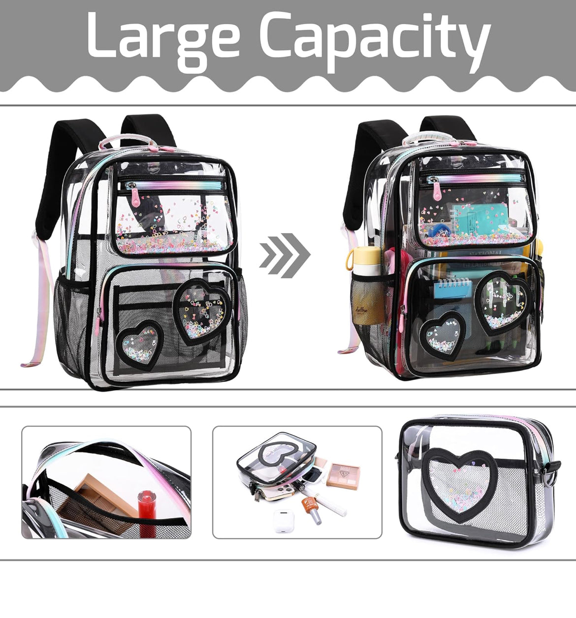 Girls Clear Backpack,2 PCS Large Backpacks Set,Heavy Duty Bookbag Stadium Approved Daypack Transparent Women Bag See Through Daypack for Kids Elementary Middle School Students Teens Sport Black