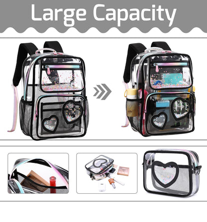 Girls Clear Backpack,2 PCS Large Backpacks Set,Heavy Duty Bookbag Stadium Approved Daypack Transparent Women Bag See Through Daypack for Kids Elementary Middle School Students Teens Sport Black