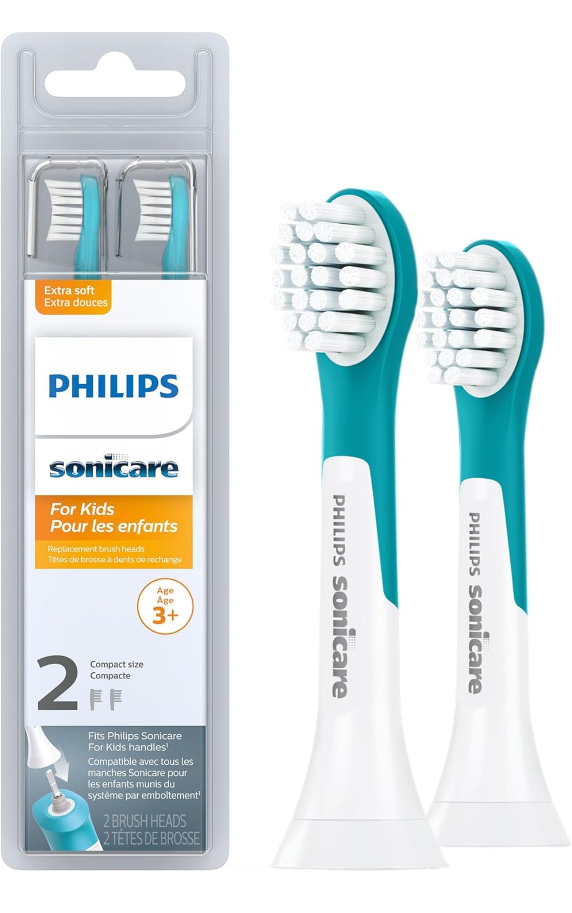 Philips Sonicare for Kids 3+ Oorspronklike Vervangingsborselkoppe, 2 Borselkoppe, Turkoois en Wit, Kompak, HX6032/94