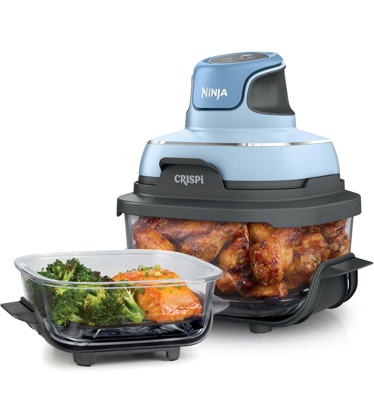 Ninja Crispi 4-in-1 Portable Glass Air Fryer Cooking System, 4QT & 6Cup Glass Containers with Storage Lids- Periwinkle, FN101PL