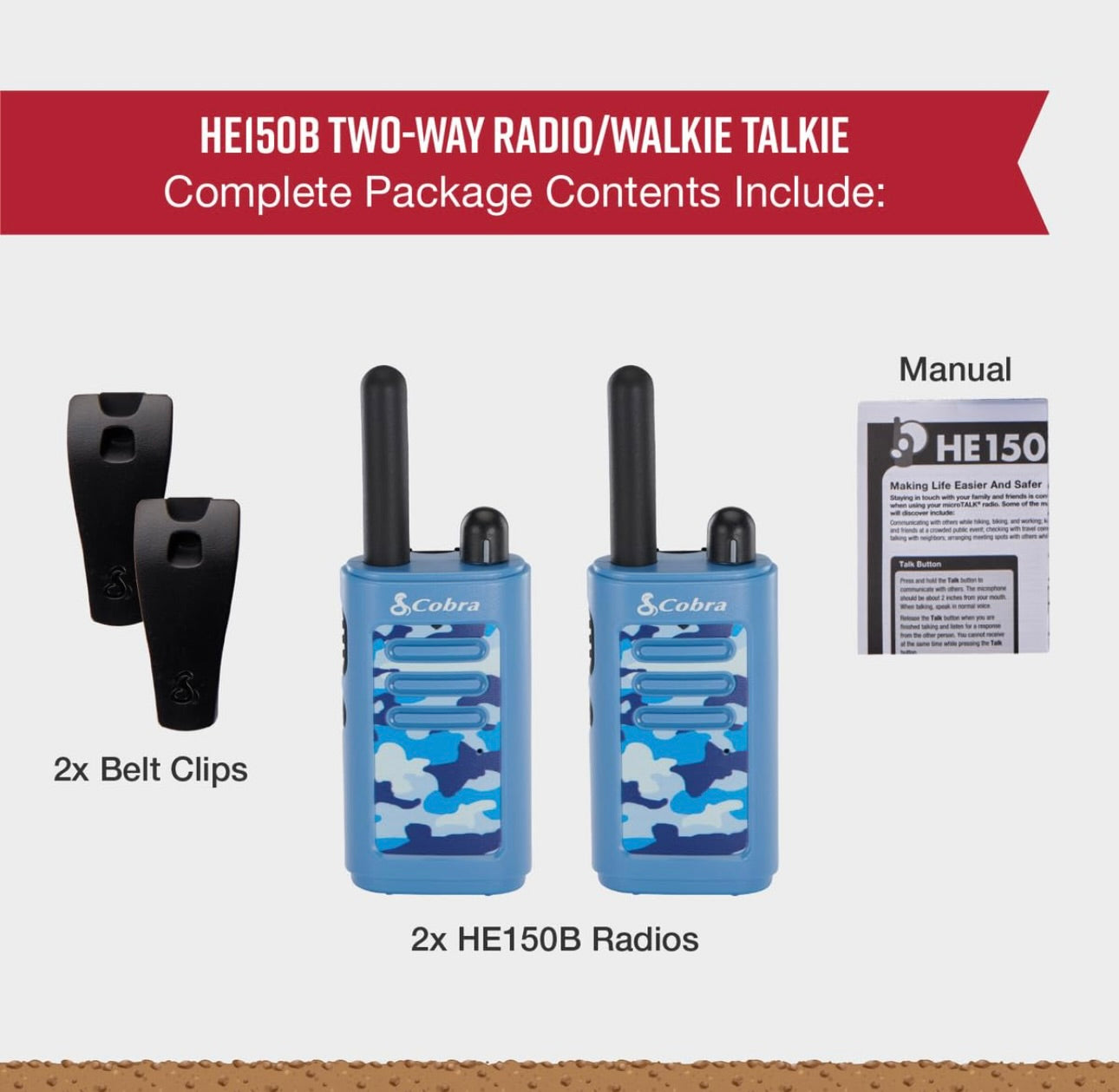 Cobra HE150 Kindervriendelike Walkie Talkies – 16-myl reikafstand, 2-kanaal tweeradio-stel – Blou (2-pak)