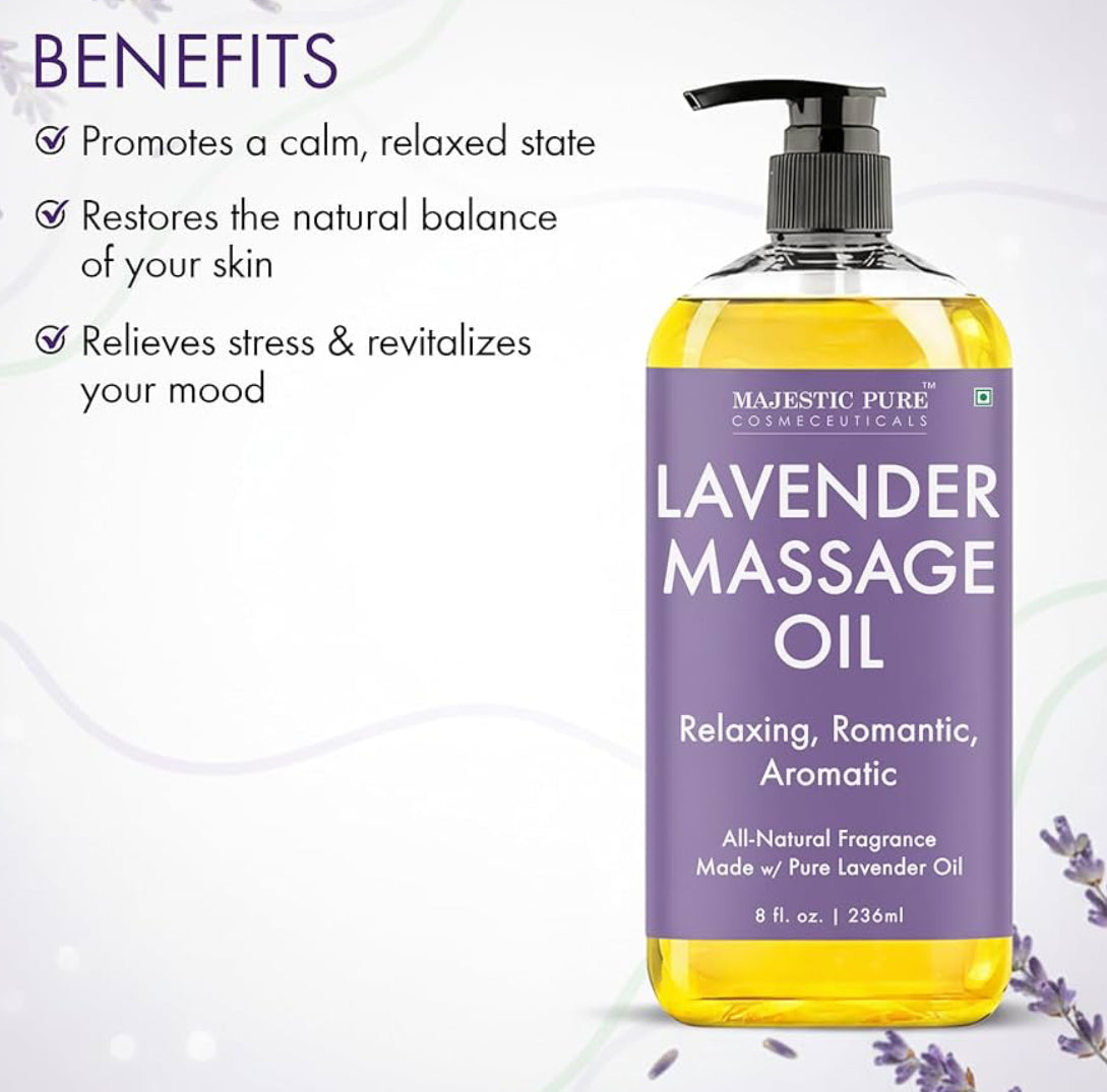 PURE Lavender Massage Oil for Massage Therapy - Refreshing, and Relaxing - Natural Oils with Lavender Essential Oil - for All Skin Types - Men and Women Massage Lotion - 8 fl oz