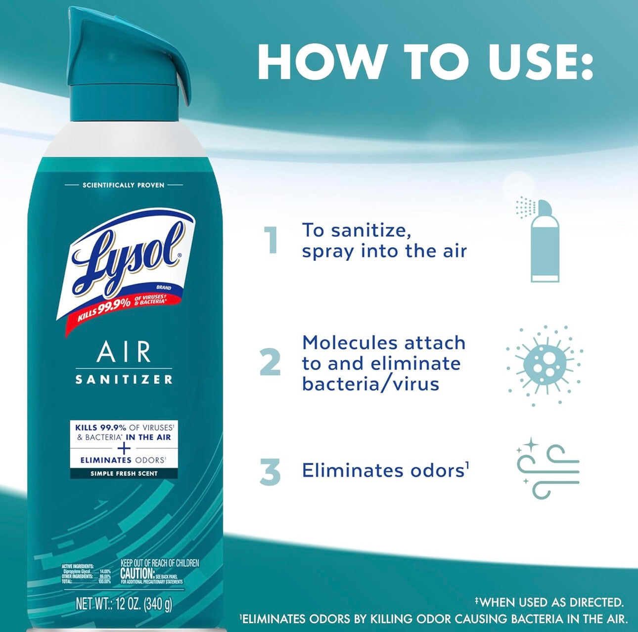 Lysol Lug Ontsmettingssproei + Reukverwyderaar vir Huis & Kantoor, Ontsmettende Lugsproei, Simple Fresh Geur, 10 oz (Pak van 3)