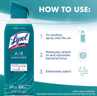 Lysol Lug Ontsmettingssproei + Reukverwyderaar vir Huis & Kantoor, Ontsmettende Lugsproei, Simple Fresh Geur, 10 oz (Pak van 3)
