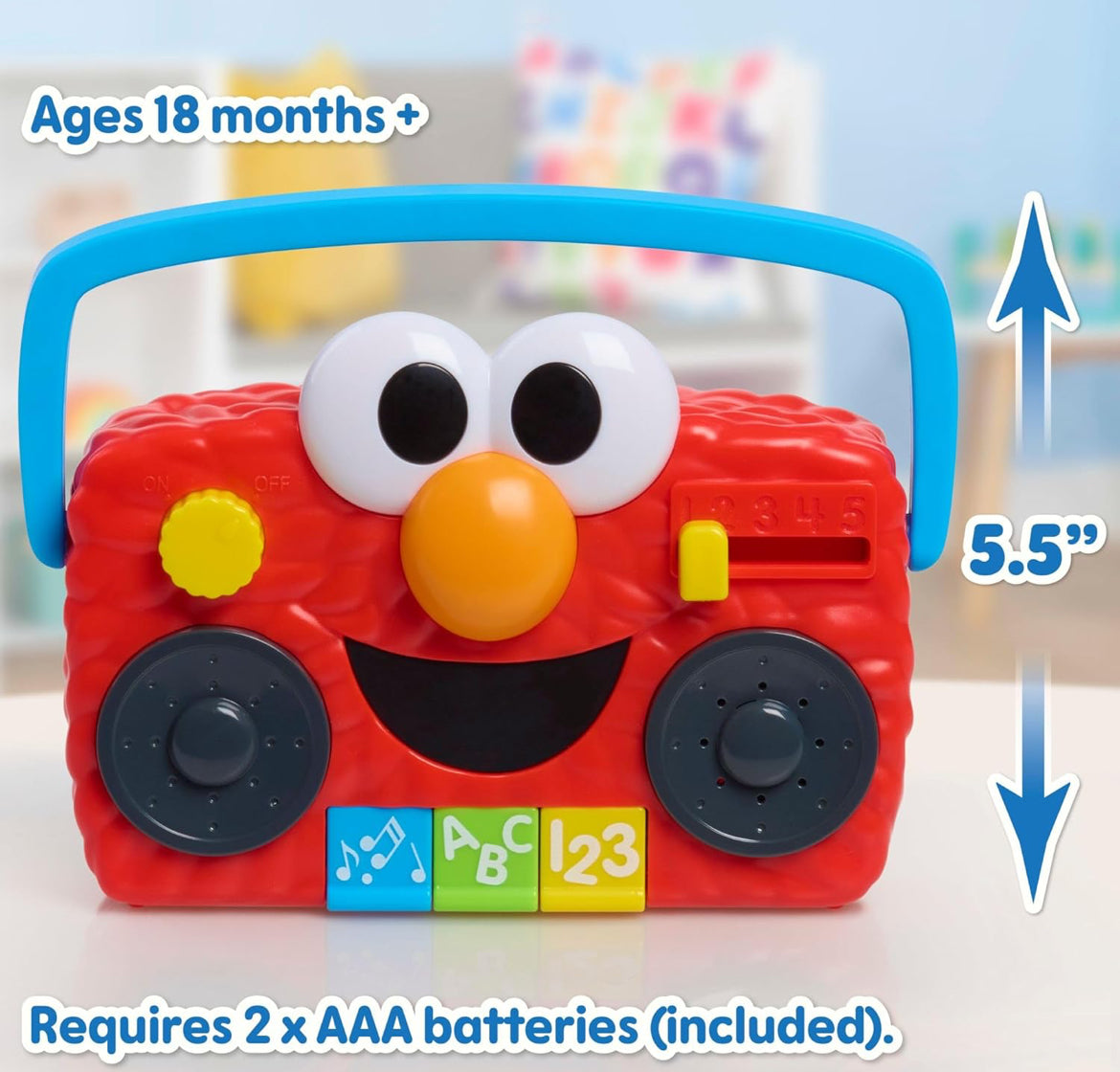 Just Play Sesame Street Elmo Take Along Boombox with Lights & Sounds, 5.5-inch Interactive Toy, Learning and Education, Kids Toys for Ages 2 Up