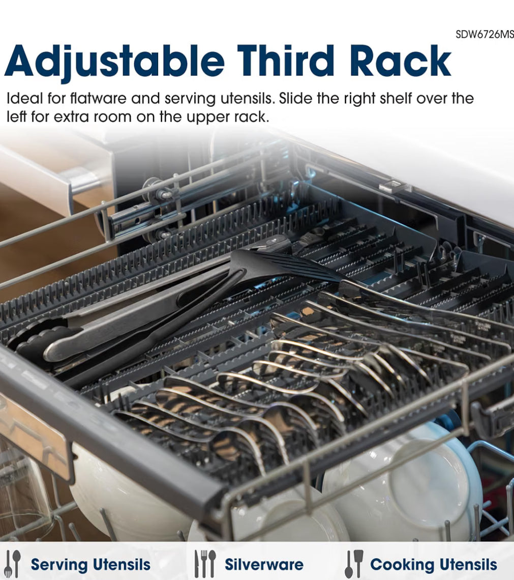 Sharp SDW6726MS 24-inch Stainless Steel Dishwasher, 47 dB Library Quiet, Third Rack, Power Wash Sprayer, 12 Place Settings,