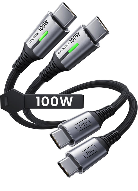 INIU Kort USB C na USB C-kabel, [30 cm, 2-pak] 100W Tipe C-koord vir iPhone 16 Pro Max 15 Plus, Samsung Galaxy S24 Ultra S21 S10e, MacBook, iPad en Meer