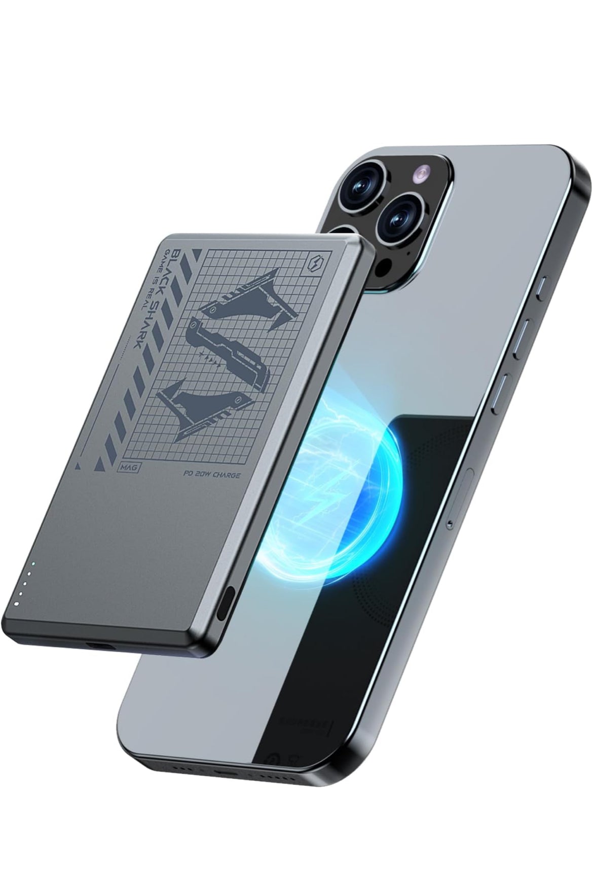 Black Shark Magnetic Power Bank, 5000mAh Wireless Portable Charger w/ USB-C Cable -Gray