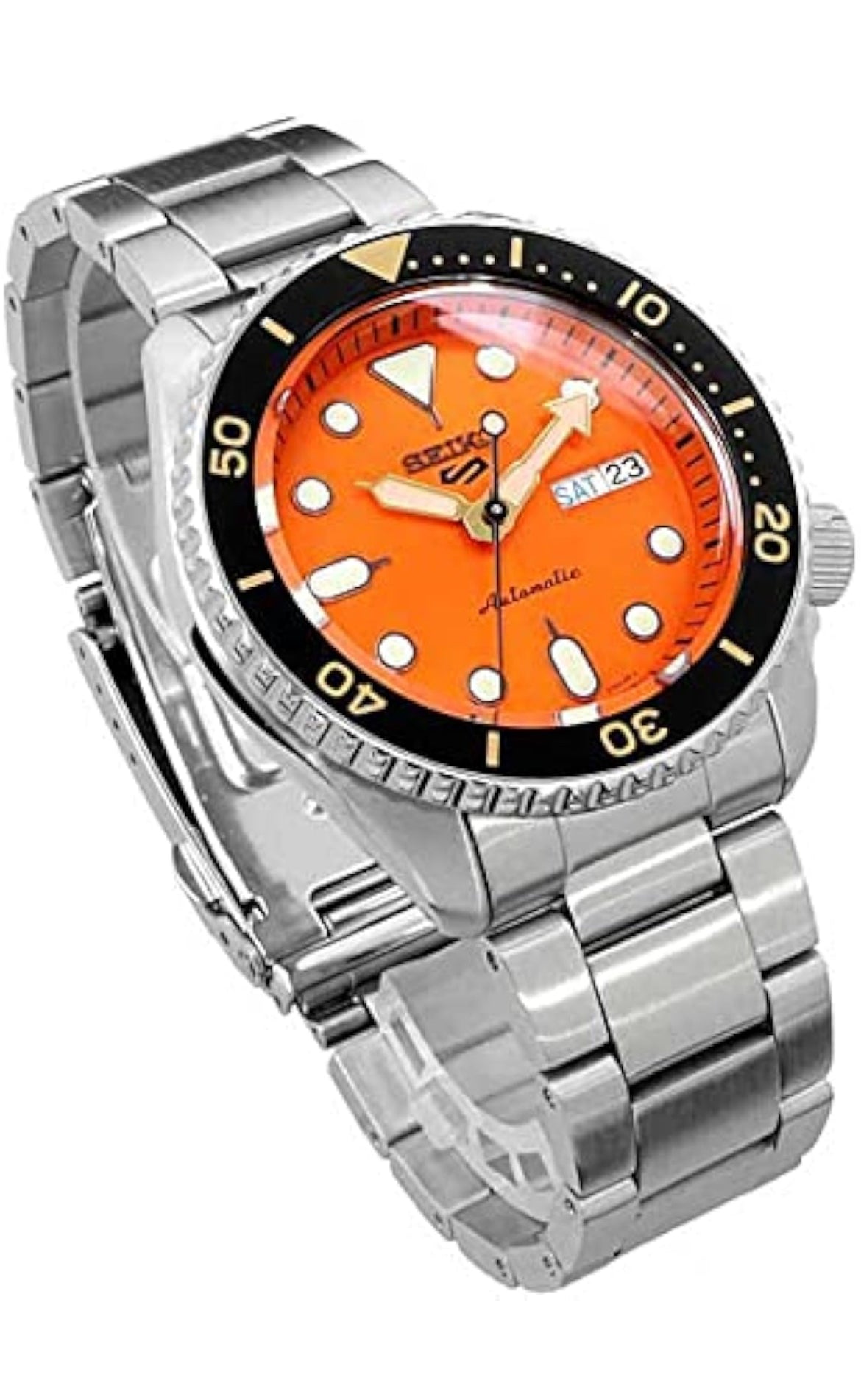 Montre Automatique SEIKO 5 Sports - Calendrier Jour/Date, Aiguilles et Index LumiBrite, Lunette Rotative, Étanche 100m - Orange