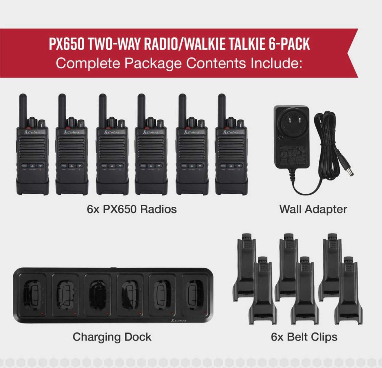 Cobra PX650 BCH6 - Professionele/Besigheid Radio's - Herlaaibaar, 27 870 vk. m/25 Verdiepings, Stofbeskerm en Spatwaterdig (IP54-gradering), Tweeradio-stel (6-pak)