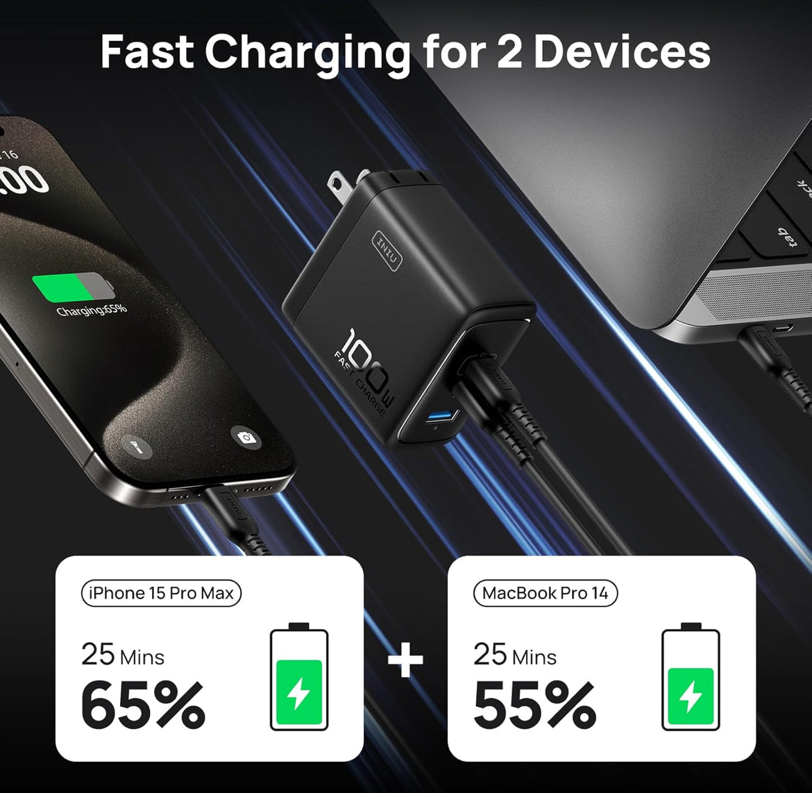 USB C Charger, INIU 3-Port 100W GaN Charger, Compact Foldable PD PPS USB C Wall Charger Block for MacBook Pro/Air, iPad Pro, Galaxy S23, Dell XPS 13, Note 20/10+, iPhone 16/15, Steam Deck, White