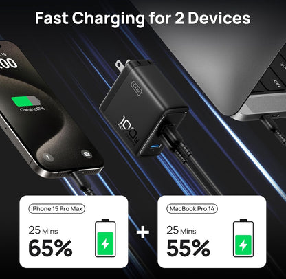 USB C Charger, INIU 3-Port 100W GaN Charger, Compact Foldable PD PPS USB C Wall Charger Block for MacBook Pro/Air, iPad Pro, Galaxy S23, Dell XPS 13, Note 20/10+, iPhone 16/15, Steam Deck, White