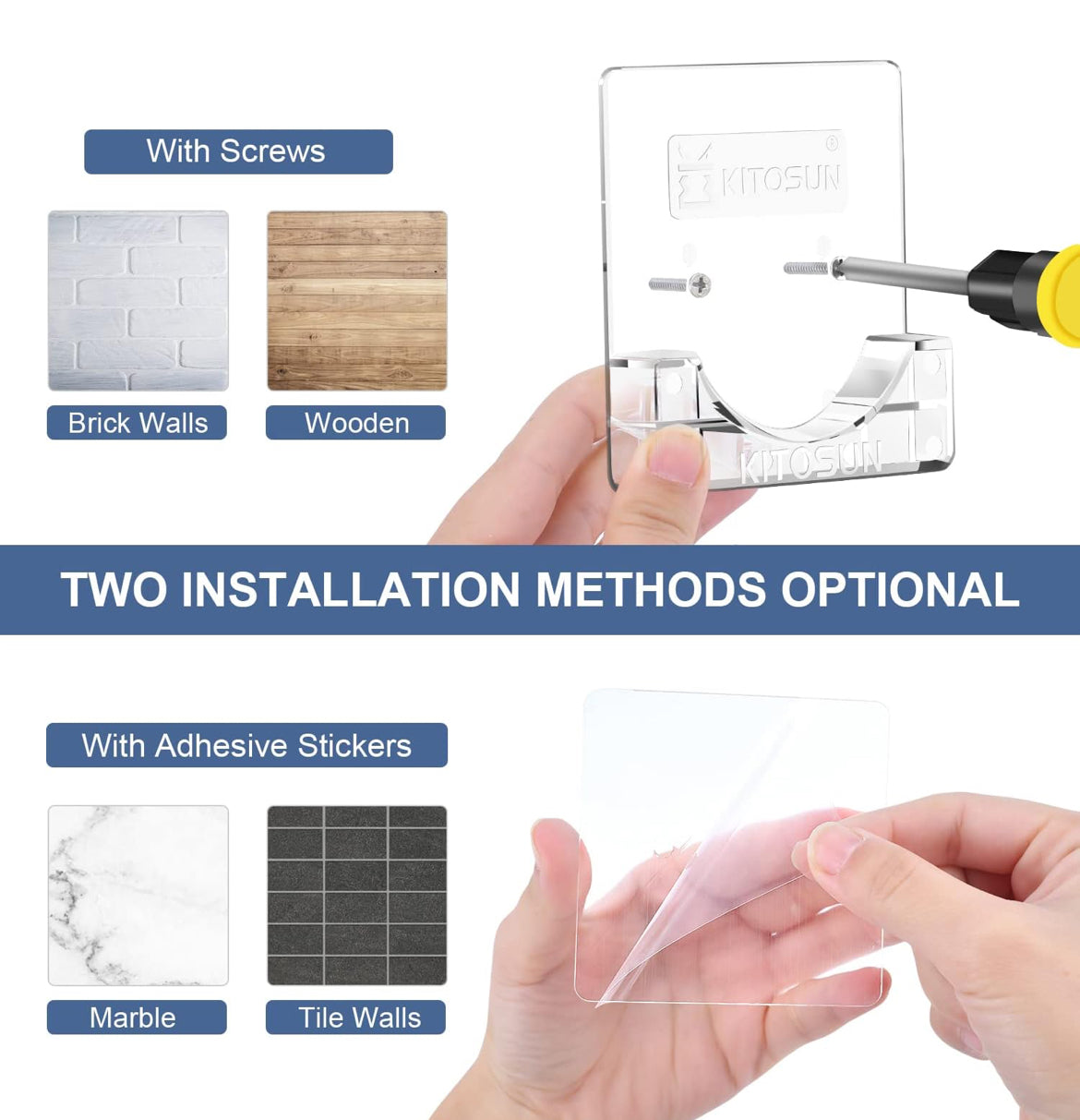 Adhesive Shower Curtain Rod Holder – Kitosun Wall Mount Bathroom Tension Pole Retainer Brackets with Sticky Tape for Quick Stick on and Stainless Steel Screws for Drilling Installation (Transparent)
