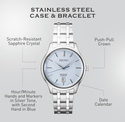 SEIKO Presage Versameling - Bloupatroon Steenwyserplaat - Vlekvrye Staalhorlosieband, Saffierglas Vertoon - Waterbestand 30M