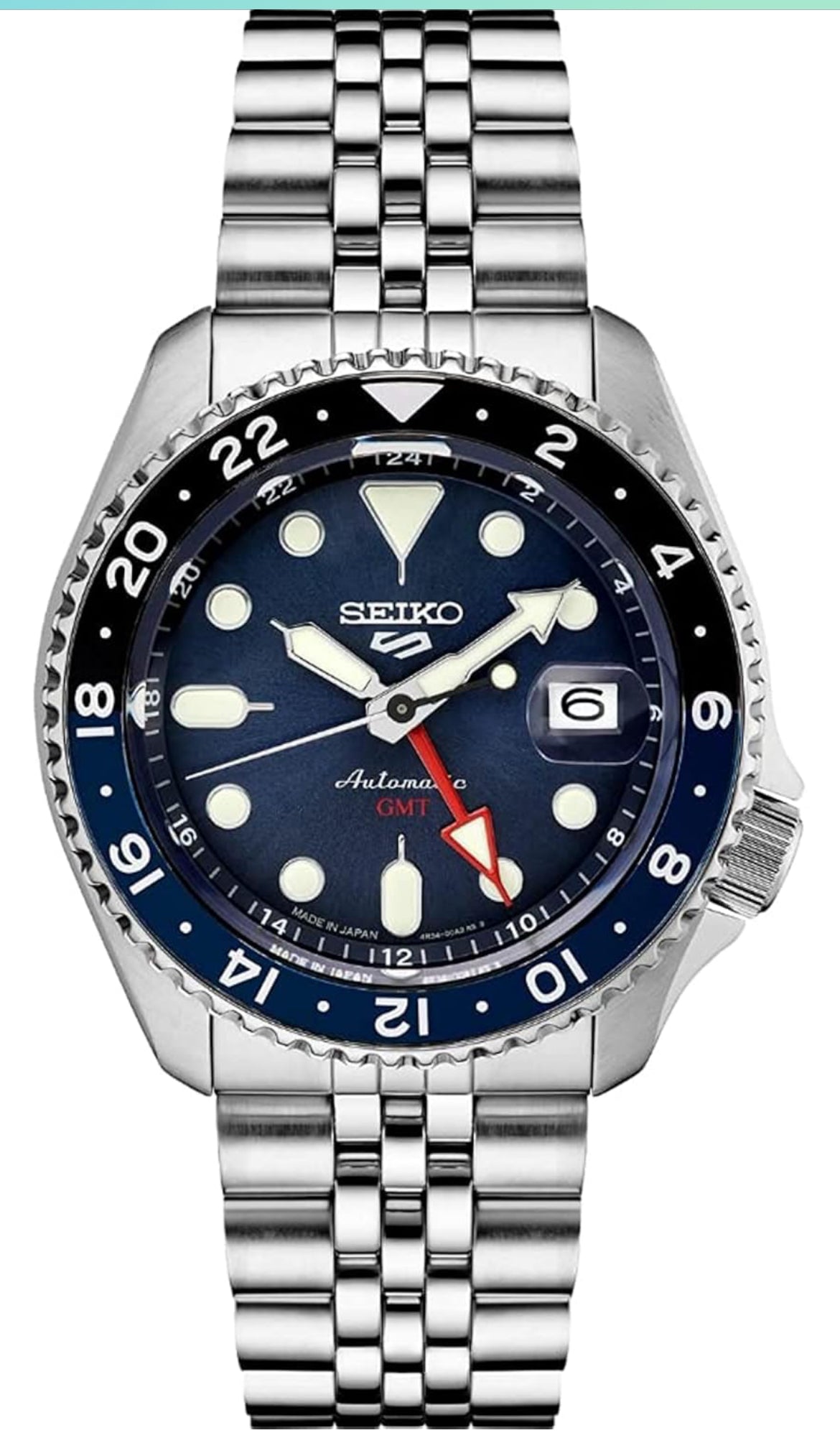 Seiko Outomatiese Horlosie vir Mans - 5 -Sport - Blou Horlosieplaat met Datumkalender en Liggewende Wysers en Merkers en Swart & Blou GMT-ring, 100m Waterbestand