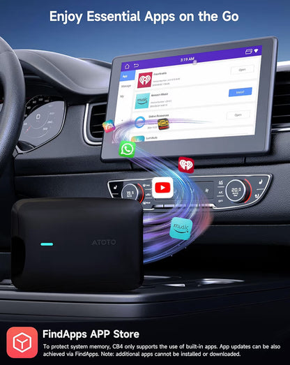 KI-boksopgradering Koordlose CarPlay/Android Auto-adapter Versoenbaar met YouTube, Prop-en-speel Slim KI-bokssteun, Dubbele Bluetooth, GPS-spoor
