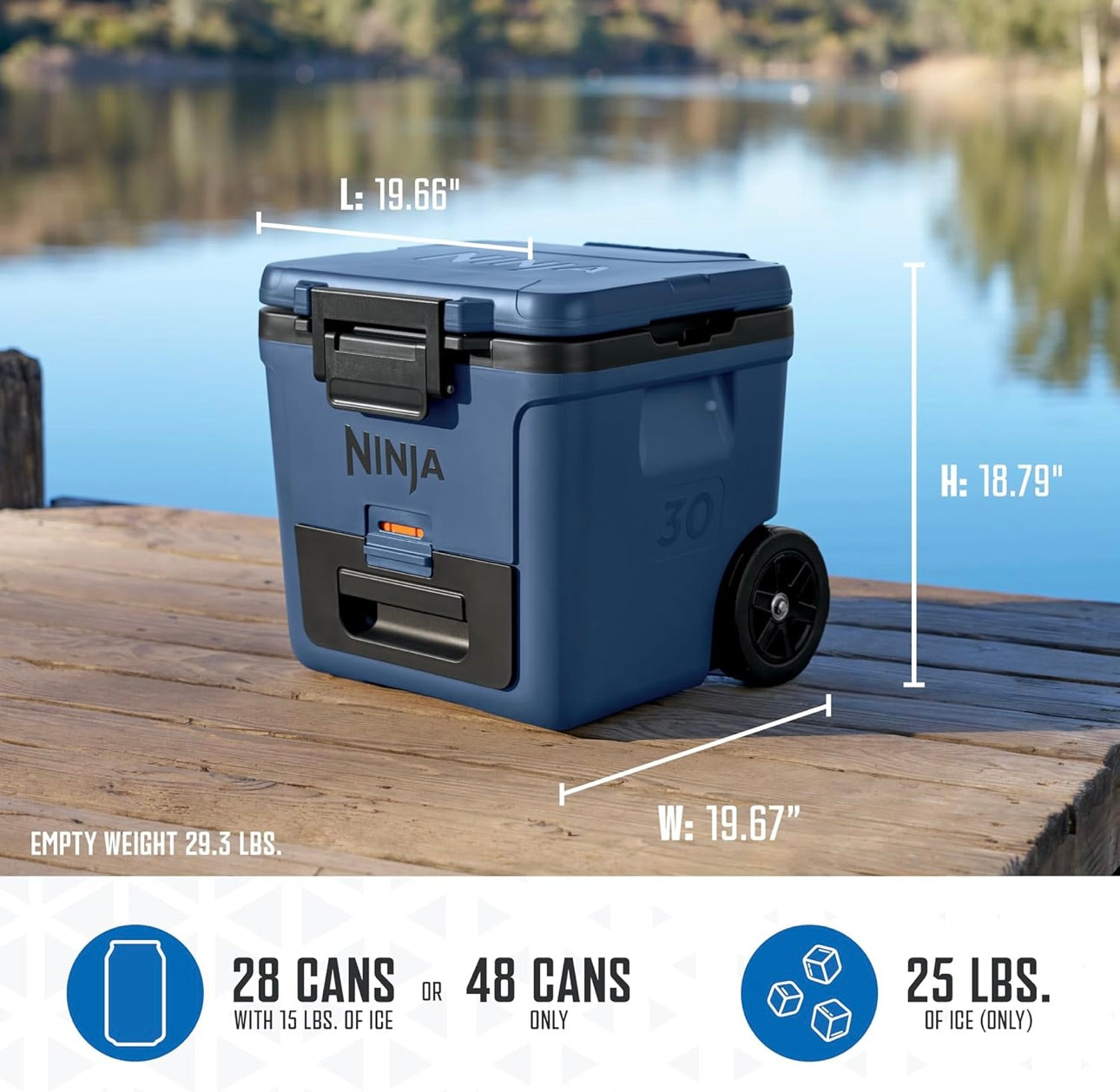 Ninja Cooler FrostVault 30QT-koeler met wiele – geïsoleer met Temp Dry-berglaai, hou ys dae lank koud – Lakeshore Blue