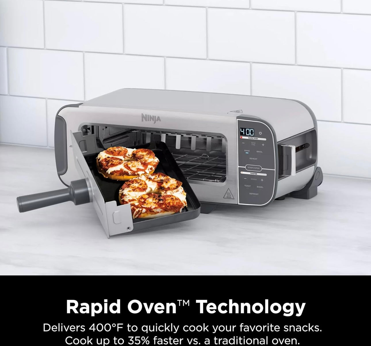 Ninja ST101 Foodi 2-in-1 Flip Toaster, 2-Slice Capacity, Compact Toaster Oven 1500 Watts, Stainless Steel - 6 Functions